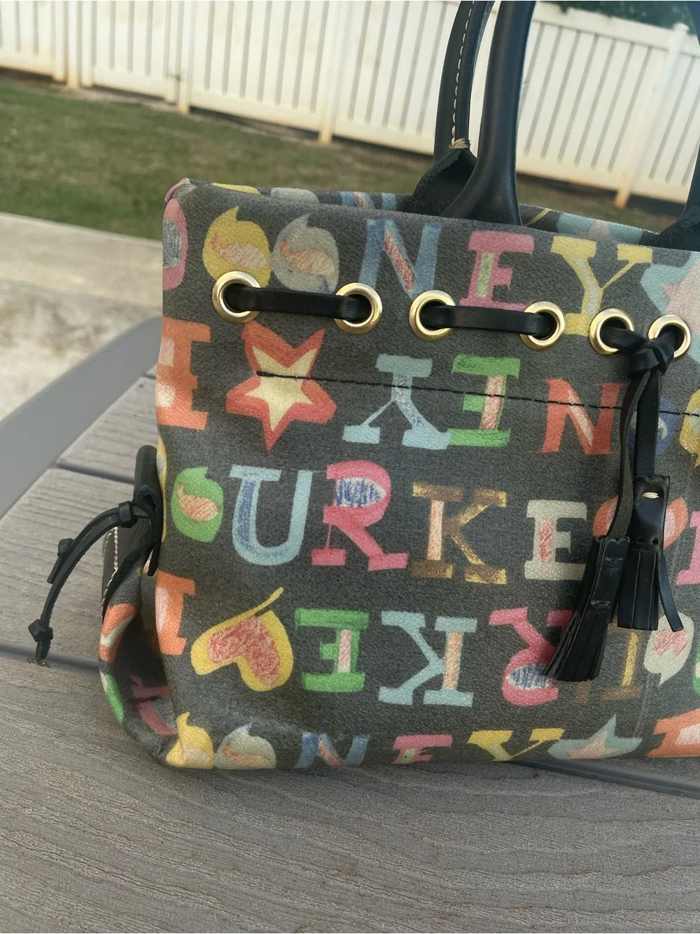 Dooney & Bourke Multicolor Logo Tote with Black Handles and Heart Charm